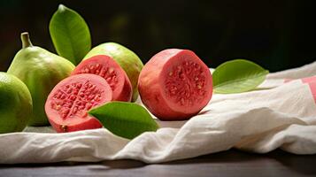 Photo of Guava on a minimalist table. Generative AI