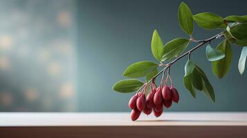 Photo of Honeyberry on a minimalist table. Generative AI