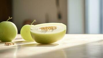 Photo of Honeydew on a minimalist table. Generative AI