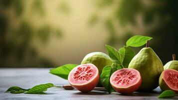 Photo of Guava on a minimalist table. Generative AI