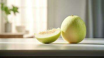 Photo of Honeydew on a minimalist table. Generative AI