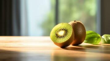 Photo of Kiwi on a minimalist table. Generative AI