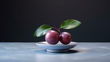 Photo of Japanese plum on a minimalist table. Generative AI