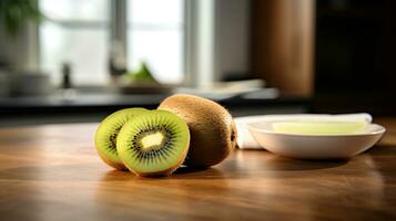 Photo of Kiwi on a minimalist table. Generative AI