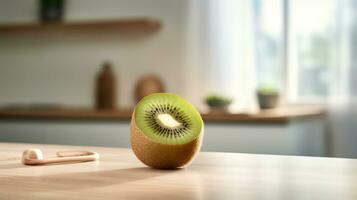 Photo of Kiwi on a minimalist table. Generative AI