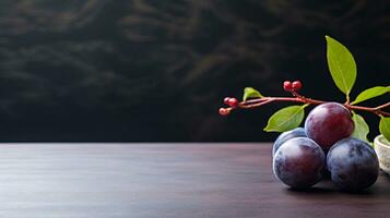 Photo of Japanese plum on a minimalist table. Generative AI