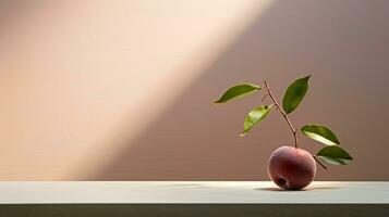 Photo of Japanese plum on a minimalist table. Generative AI