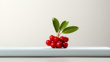 Photo of Lingonberry on a minimalist table. Generative AI