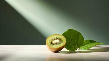 Photo of Kiwifruit on a minimalist table. Generative AI