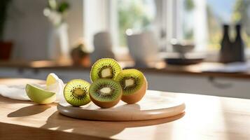 Photo of Kiwifruit on a minimalist table. Generative AI