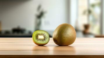 Photo of Kiwifruit on a minimalist table. Generative AI