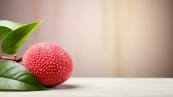 Photo of Lychee on a minimalist table. Generative AI