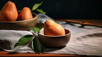 foto de mamey zapote en un minimalista mesa. generativo ai