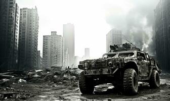 Burnt-out military vehicle. AI generative. photo