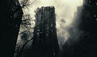 A burnt-out building stands desolate. AI generative. photo