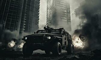 ardiente explosión engulle un militar vehículo en medio de un oscuro. ai generativo. foto