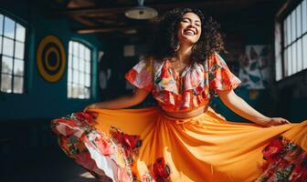 alegre mujer en naranja bailes vibrantemente en contra un vistoso. ai generativo. foto