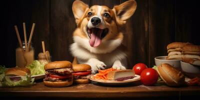 Content corgi dog beside a tempting plate of cheeseburgers. AI generative. photo