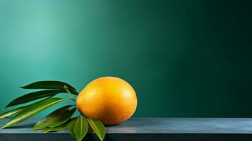 Photo of Mango on a minimalist table. Generative AI