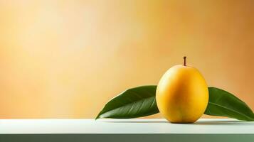 Photo of Mango on a minimalist table. Generative AI