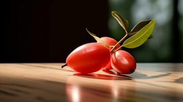 Photo of Miracle fruit on a minimalist table. Generative AI