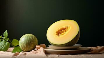 Photo of Melon on a minimalist table. Generative AI