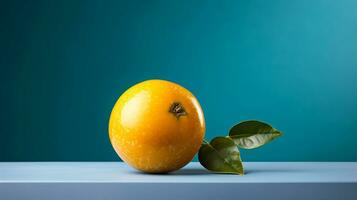 Photo of Passion fruit on a minimalist table. Generative AI