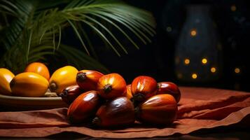 Photo of Palm fruit on a minimalist table. Generative AI