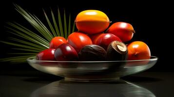 Photo of Palm fruit on a minimalist table. Generative AI