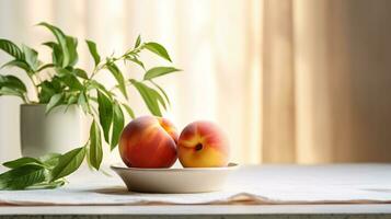 Photo of Peach on a minimalist table. Generative AI