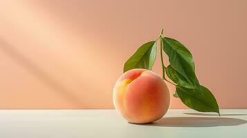 Photo of Peach on a minimalist table. Generative AI