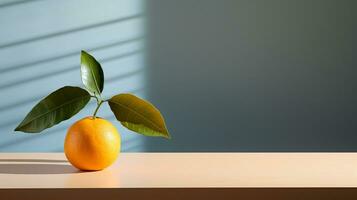 Photo of Orange on a minimalist table. Generative AI