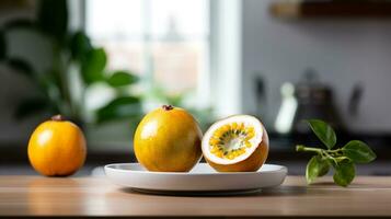 Photo of Passion fruit on a minimalist table. Generative AI