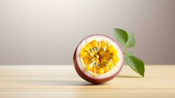 Photo of Passion fruit on a minimalist table. Generative AI