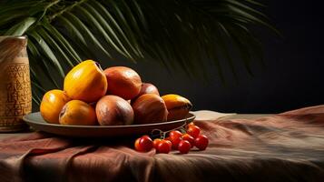 Photo of Palm fruit on a minimalist table. Generative AI