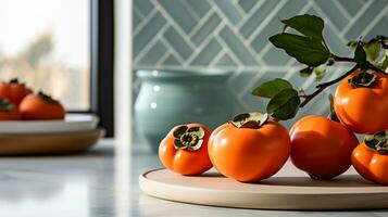 Photo of Persimmon on a minimalist table. Generative AI