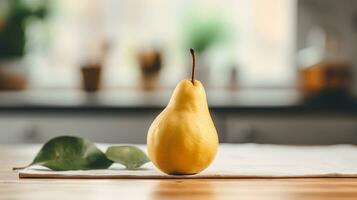 Photo of Pear on a minimalist table. Generative AI