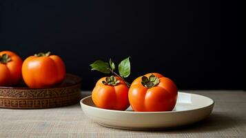 Photo of Persimmon on a minimalist table. Generative AI