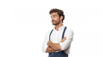 An Italian male barista looks to the left in a thinking pose AI generated photo