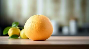 Photo of Pomelo on a minimalist table. Generative AI