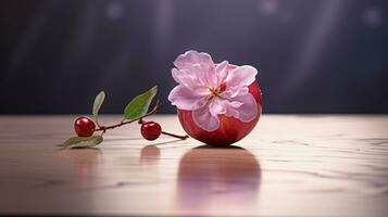 Photo of Rose water apple on a minimalist table. Generative AI