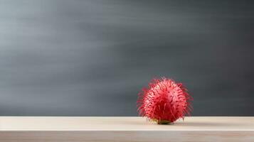 Photo of Rambutan on a minimalist table. Generative AI