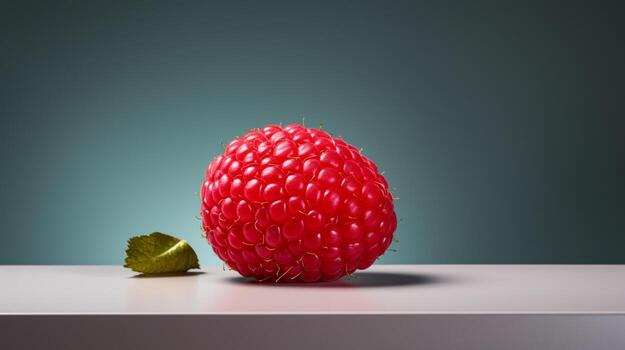 Photo of Red raspberry on a minimalist table. Generative AI