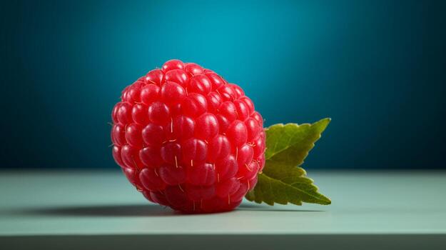 Photo of Red raspberry on a minimalist table. Generative AI