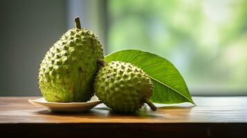 Photo of Soursop on a minimalist table. Generative AI