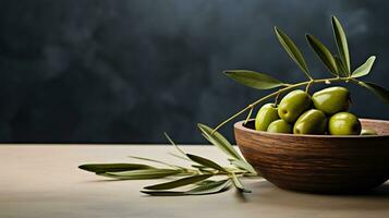 Photo of Olive on a minimalist table. Generative AI