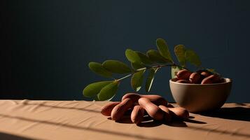 Photo of Tamarind on a minimalist table. Generative AI