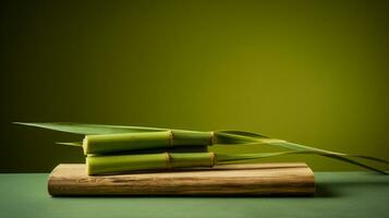 Photo of Sugarcane on a minimalist table. Generative AI