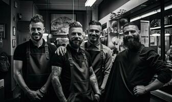 Professional barbers engage in conversation in a busy. AI generative. photo