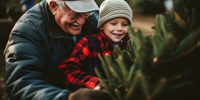 Grandpa and grandson picking out a Christmas tree. AI generative. photo